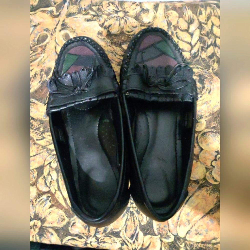 Vintage Women’s BLACK Leather Patchwork  Slip-on Moccasins Loafers Shoes Size 6W